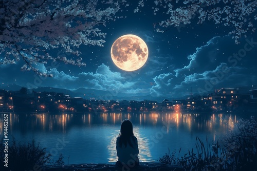 Cute anime girl admiring the moonlit night by the lake in a Japanese city with cherry blossoms photo