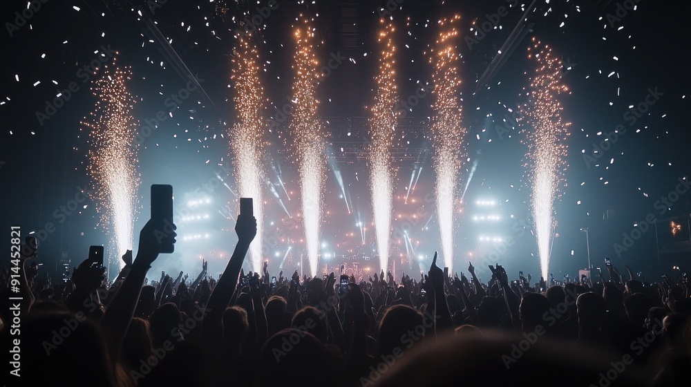 Excited crowd-watching concert with lights and fireworks. and having fun at a music festival at night. Copy space. Excited crowd-watching concert with lights and fireworks. and having fun at a music festival at night. Copy space.
