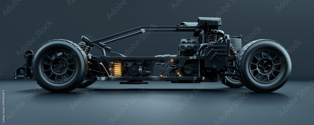 Obraz premium Black futuristic motorcycle chassis with exposed engine.