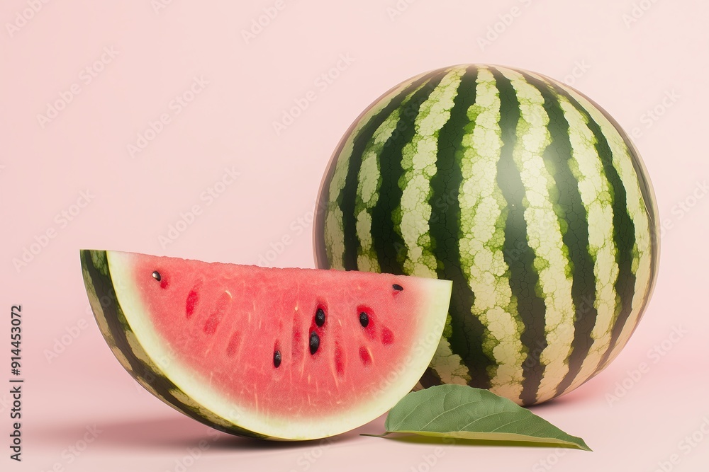 Photo of watermelon and green leaves, tropical vibes, minimalistic design, simple composition, pink background Photo of watermelon and green leaves, tropical vibes, minimalistic design, simple composition, pink background