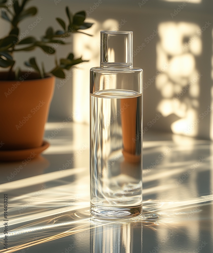 Pattern of bottle with micellar water, essence of natural oil, serum for the face. A hard shadow from a glass vial filled with liquid Pattern of bottle with micellar water, essence of natural oil, serum for the face. A hard shadow from a glass vial filled with liquid