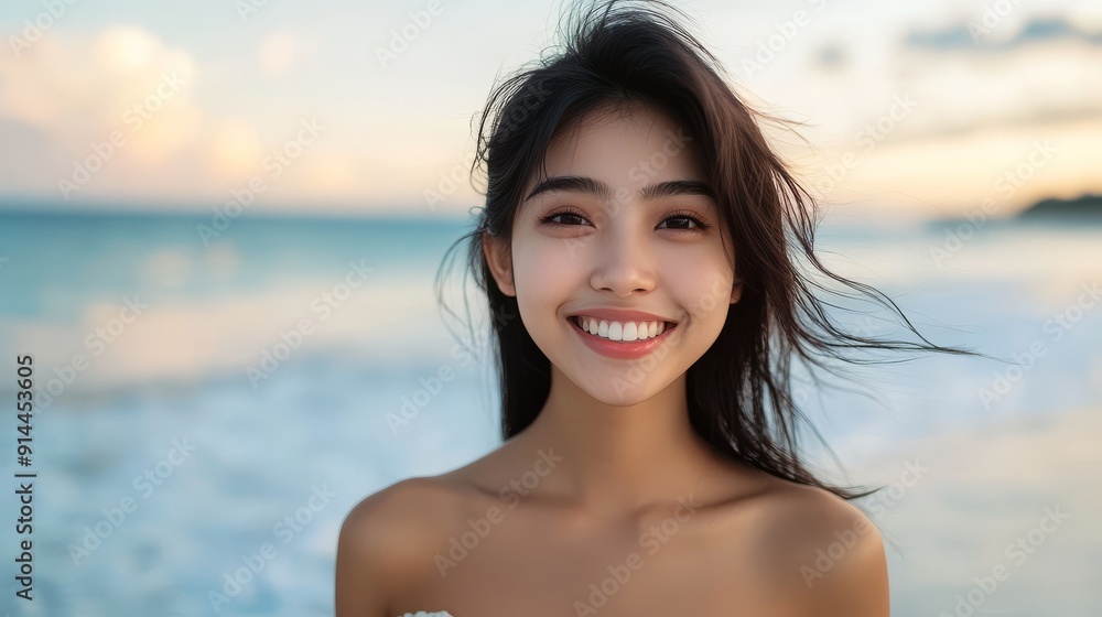 A cheerful girl enjoys the calming waves under a beautiful sunset sky A cheerful girl enjoys the calming waves under a beautiful sunset sky