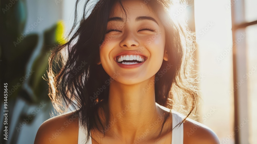 Bright sunlight illuminates a woman's joyful expression and flowing hair Bright sunlight illuminates a woman's joyful expression and flowing hair