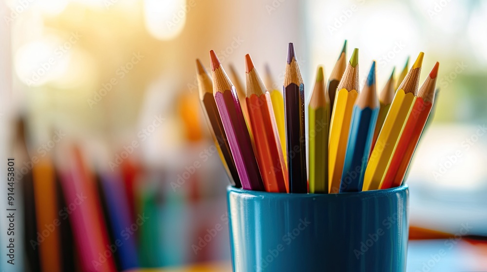 Obraz premium Colorful pencils arranged in a cup on a teacher's desk, offering a bright and creative close-up with ample copy space.