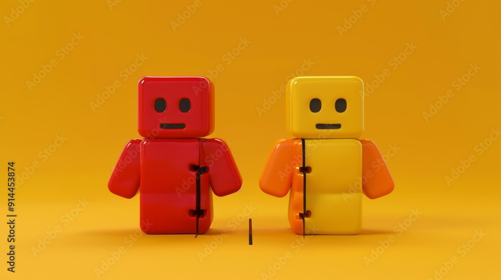 Two simple 3D figures, one red and one yellow, stand side by side on a yellow background. They appear to be looking at each other. Two simple 3D figures, one red and one yellow, stand side by side on a yellow background. They appear to be looking at each other.