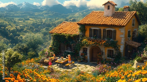 Charming French countryside picnic with animated characters enjoying a scenic outdoor meal surrounded by nature photo