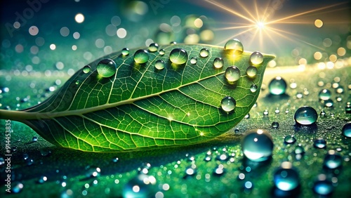 Emerald Dewdrop Symphony: A Tapestry of Rain on a Lush Leaf  Generative AI photo