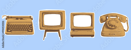 Collage colored vintage kit. Computer, landline telephone, television, typewriter. Retro scrapbooking style with cutout surreal element. Contemporary stickers with photocopy dotted effect.