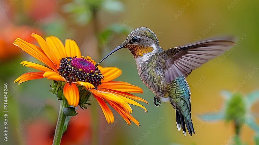 Fototapeta premium Closeup shot of colorful hummingbird Trochilidae family hovering midair next vibrant flower capturing bird's iridescent plumage delicate flight 