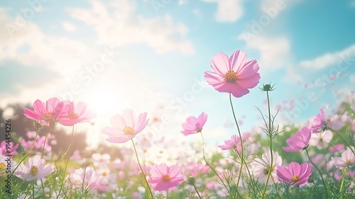 Cosmos flowers swaying in the breeze in a field, offering a peaceful and beautiful background with plenty of copy space.