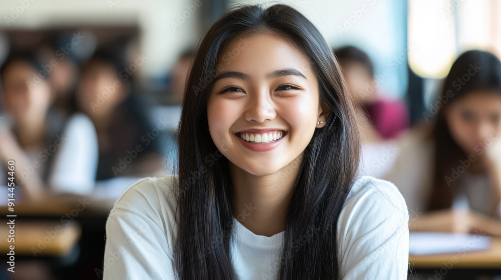 A happy young woman enjoys her time learning among classmates A happy young woman enjoys her time learning among classmates