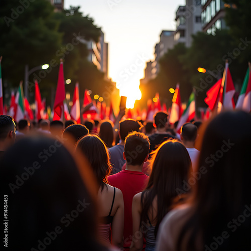 Marcha pela diversidade Protesto com ativistas e faixas em meio a movimento urbano iluminados pela luz suave da tarde photo