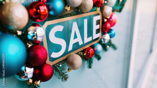 Festive sale sign surrounded by colorful ornaments, perfect for holiday promotions and winter shopping events. photo