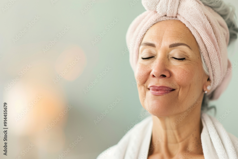 Relaxed senior woman enjoying a moment of tranquility, wearing a towel on her head and a robe, radiating peace and self-care. Relaxed senior woman enjoying a moment of tranquility, wearing a towel on her head and a robe, radiating peace and self-care.