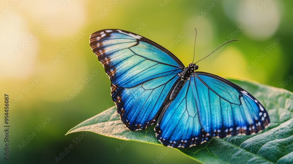 Blue Morpho Butterfly resting on a fresh green leaf, sunlit bokeh background, detailed close-up, highlighting the butterfly's intricate wing patterns Blue Morpho Butterfly resting on a fresh green leaf, sunlit bokeh background, detailed close-up, highlighting the butterfly's intricate wing patterns