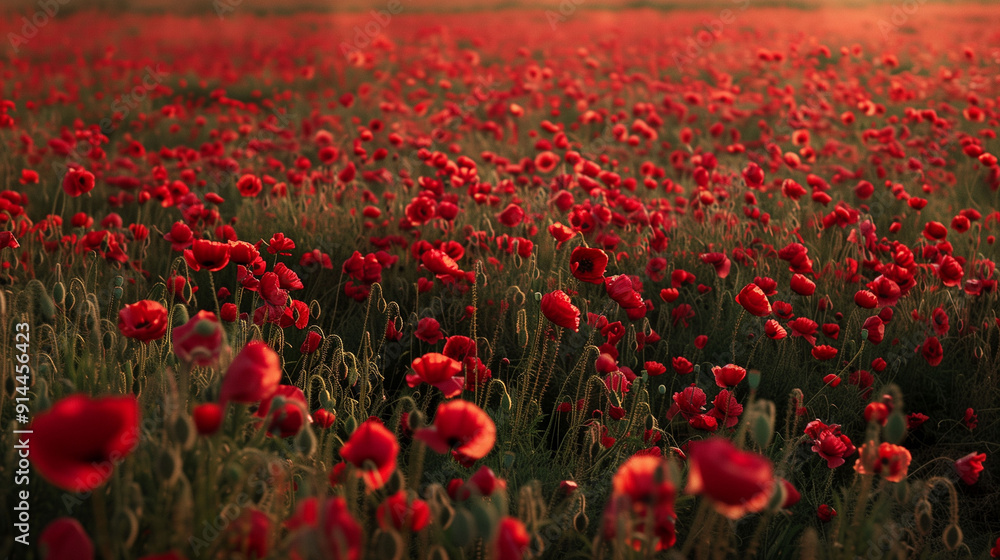 Obraz premium Beautiful field of red poppy flowers at sunset.
