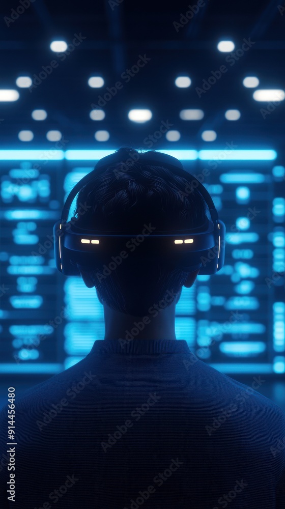 A person wearing a virtual reality headset, immersed in a digital environment with glowing screens in the background. A person wearing a virtual reality headset, immersed in a digital environment with glowing screens in the background.