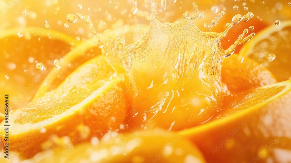 Detailed shot of an orange juice splash in mid-air, with vibrant citrus segments, providing a fresh and dynamic background. Detailed shot of an orange juice splash in mid-air, with vibrant citrus segments, providing a fresh and dynamic background.