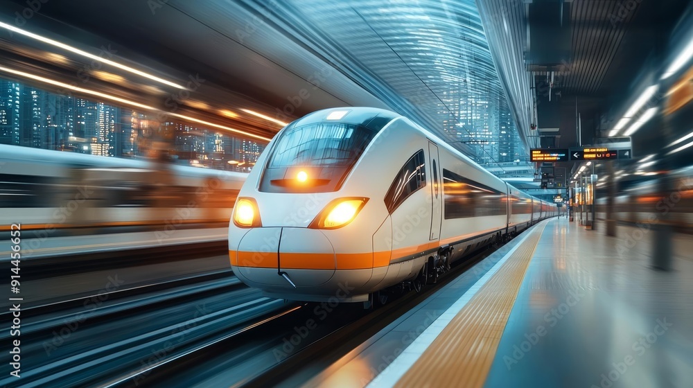 High-speed train departing from a modern station, motion blur effect, sleek and futuristic design, dynamic lighting, vibrant cityscape in the background High-speed train departing from a modern station, motion blur effect, sleek and futuristic design, dynamic lighting, vibrant cityscape in the background