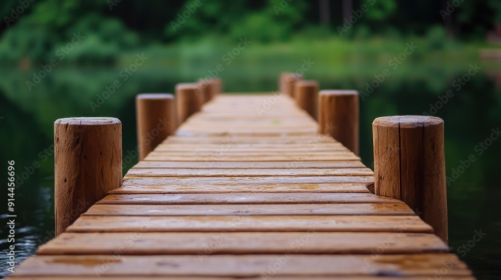 Fototapeta premium A tranquil wooden dock extending into calm waters, surrounded by lush greenery, perfect for peaceful retreats or nature photography.