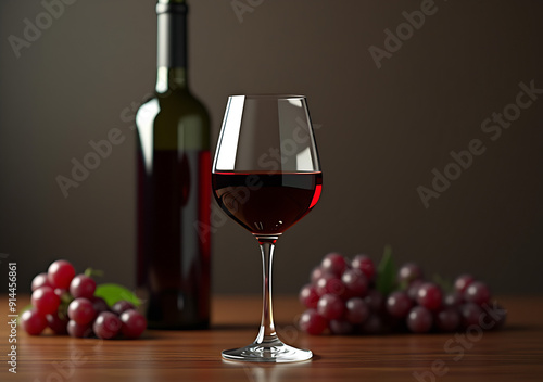 Glass of red wine next to a wine bottle, 4K hyperrealistic photo