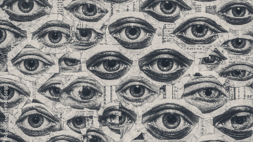 Collage with many human eyes, Abstract halftone background. vector illustration	