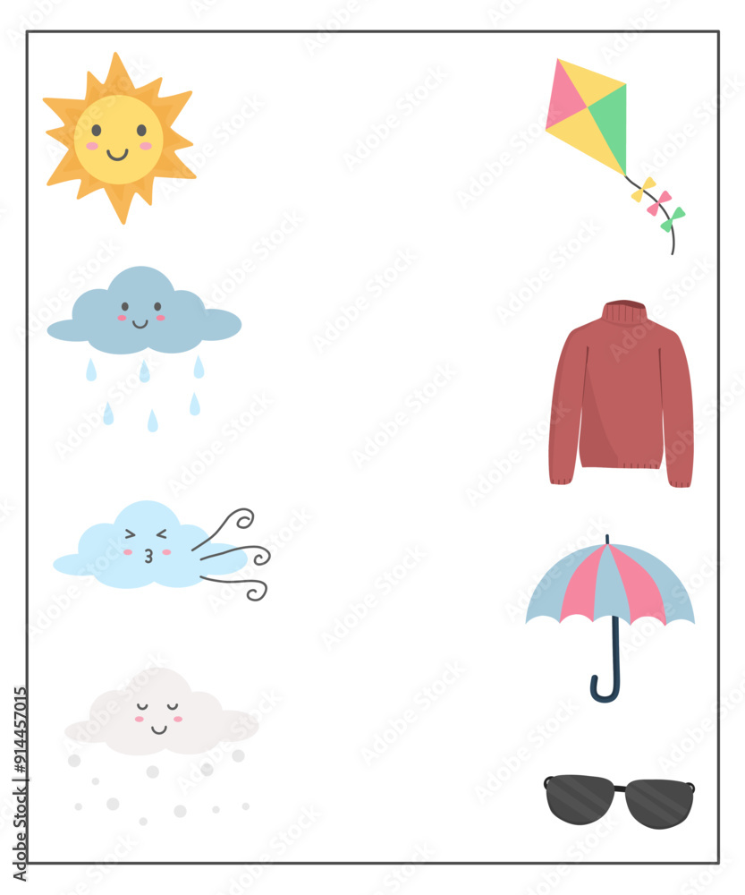 Matching objects to the weather activity, weather worksheet for kids, find the objects which get along Matching objects to the weather activity, weather worksheet for kids, find the objects which get along