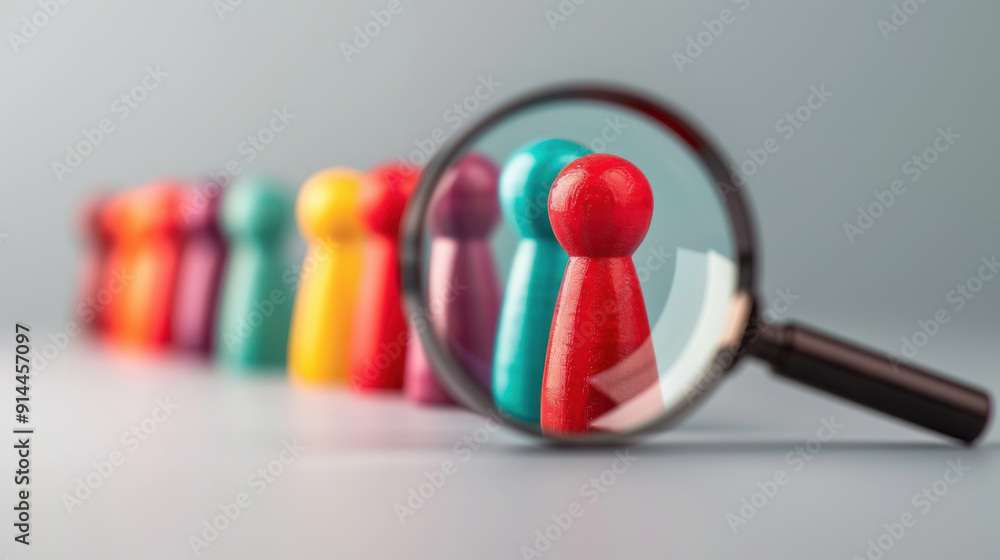 A magnifying glass focusing on a group of colorful wooden people figures arranged in a circle on a white background, representing diversity in team recruitment A magnifying glass focusing on a group of colorful wooden people figures arranged in a circle on a white background, representing diversity in team recruitment