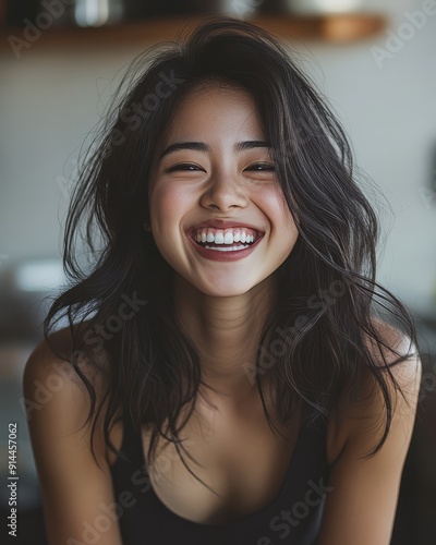 A cheerful woman beams with happiness in a warm, inviting café atmosphere