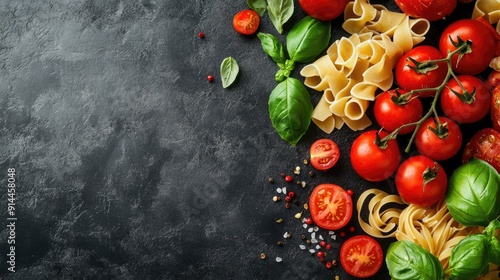 Fresh Italian food ingredients like tomatoes, basil, and pasta, providing a vibrant and authentic background with ample copy space.