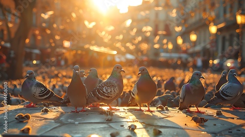 Common urban scene flock of pigeon Columba livia gathering around city square their iridescent feather shimmering sunlight they peck scattered crumb Keywords pigeon urban city square iridescent photo