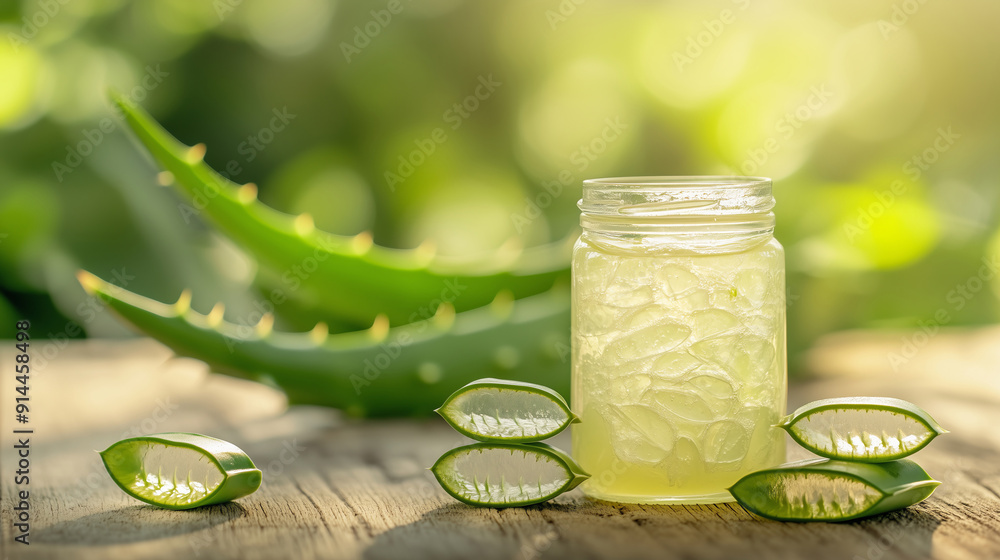 Aloe Vera Gel in Glass Jar with Fresh Aloe Slices, Natural Skincare Ingredients Aloe Vera Gel in Glass Jar with Fresh Aloe Slices, Natural Skincare Ingredients
