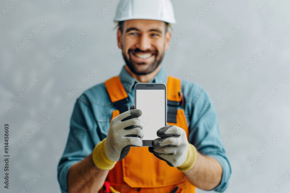 A smiling construction worker in a hard hat holds a smartphone, showcasing a blank screen against a neutral backdrop. A smiling construction worker in a hard hat holds a smartphone, showcasing a blank screen against a neutral backdrop.