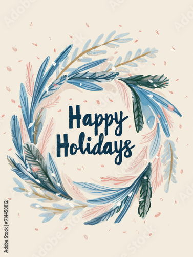 Happy Holidays text with festive Christmas wreath design in pastel colors photo