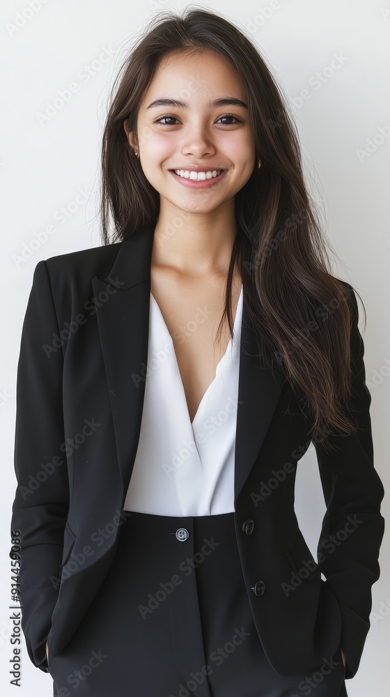 A young woman radiates confidence and elegance with her beaming smile A young woman radiates confidence and elegance with her beaming smile