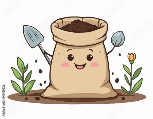 Burlap sack full of dirt and soil cute kawaii cartoon illustration. Gardening farming agriculture clipart.