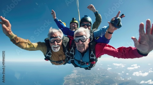 Group of Seniors Skydiving, Embracing Extreme Activity, Aging Well