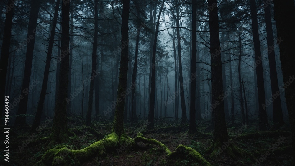 Gloomy spooky forest trees landscape with dark foggy light Gloomy spooky forest trees landscape with dark foggy light