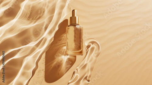 cosmetic serum or oil with pipette in glass bottle on golden background with water and sand texture, anti aging, cosmetic product, mock up