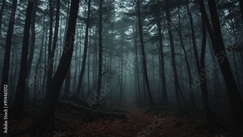 Gloomy spooky forest trees landscape with dark foggy light