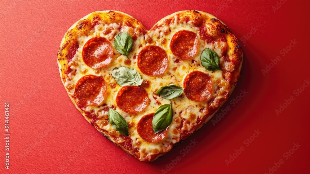 Heart-shaped pepperoni pizza with melted cheese and basil on a vibrant red background, providing a delicious and romantic visual. Heart-shaped pepperoni pizza with melted cheese and basil on a vibrant red background, providing a delicious and romantic visual.