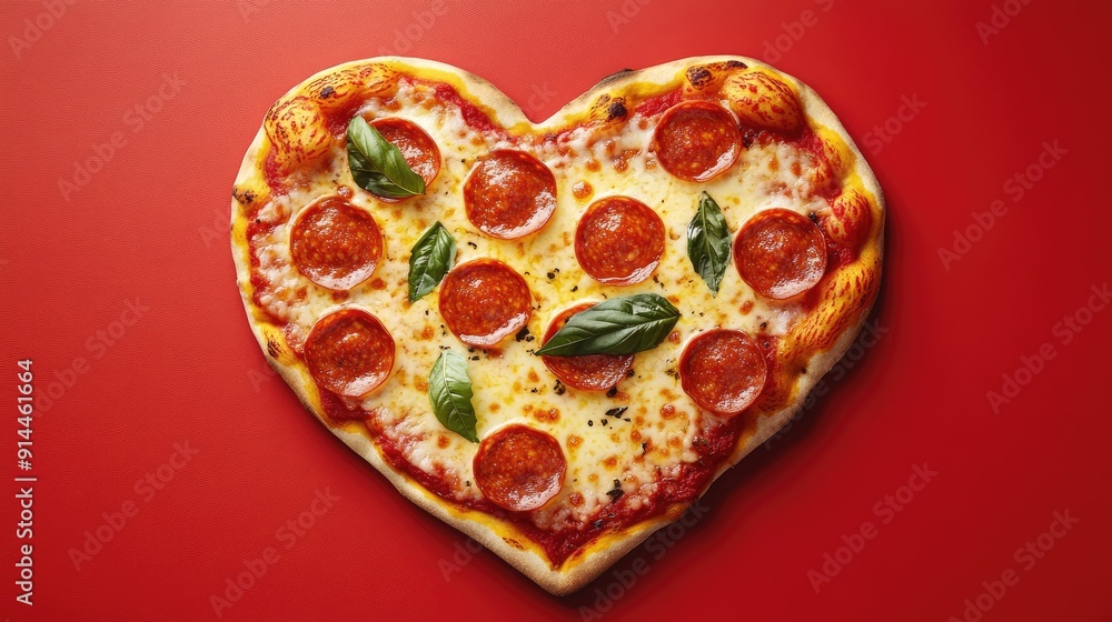 Heart-shaped pepperoni pizza with melted cheese and basil on a vibrant red background, providing a delicious and romantic visual. Heart-shaped pepperoni pizza with melted cheese and basil on a vibrant red background, providing a delicious and romantic visual.