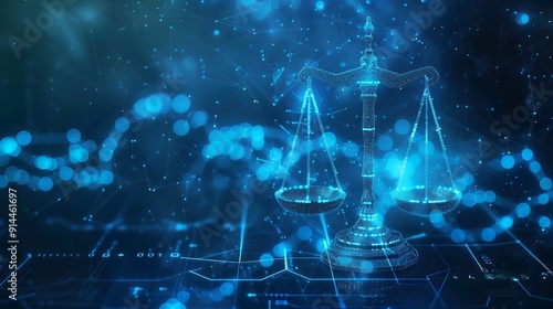 Digital technology and law concept with scales of justice hologram on a blue background.