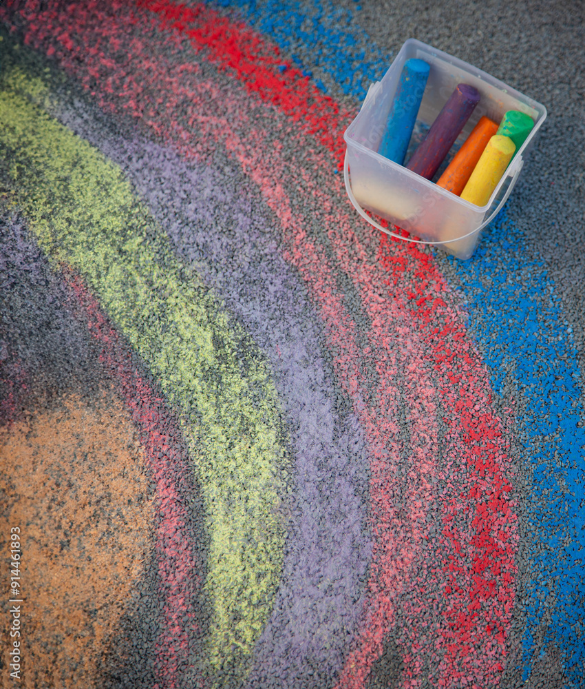 Sidewalk chalk drawing. A rainbow and cloud sky painted on the asphalt ...