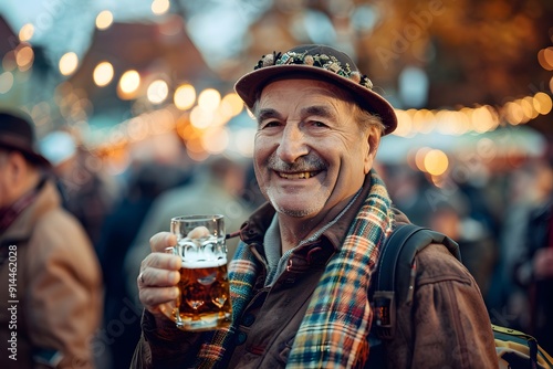 Cheerful elderly man enjoying a beer at Oktoberfest in Munich Germany with festive lights in the background photo