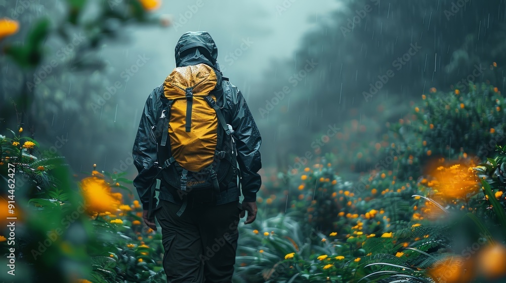 A man wearing a yellow backpack is walking through a forest A man wearing a yellow backpack is walking through a forest