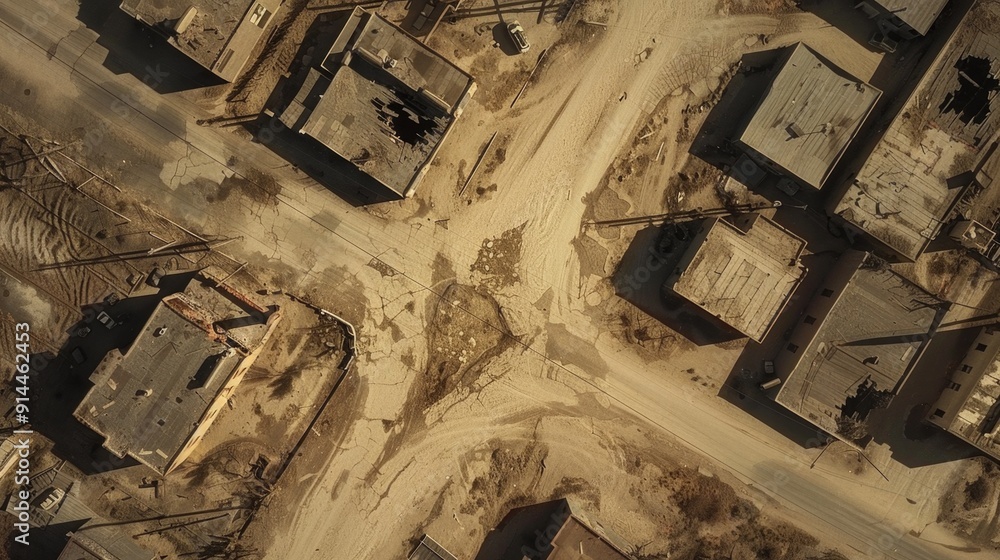Top-Down Aerial Shot Looking Down at an Empty Apocalyptic Desert Town in Texas Top-Down Aerial Shot Looking Down at an Empty Apocalyptic Desert Town in Texas