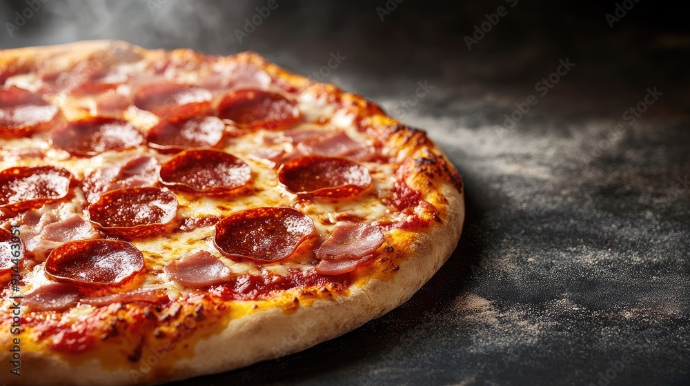 Hot pepperoni pizza with melting cheese, bacon, tomatoes, and ham, steaming and tempting with ample copy space. Hot pepperoni pizza with melting cheese, bacon, tomatoes, and ham, steaming and tempting with ample copy space.