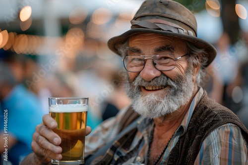 Cheerful elderly man enjoying a beer at Oktoberfest in Munich Germany with festive lights in the background