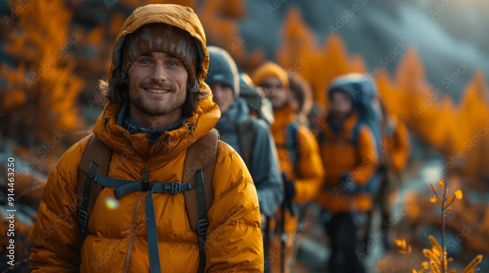 A man in a yellow jacket is smiling A man in a yellow jacket is smiling